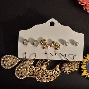 Gold-Tone Mixed Earring Set with Pearls and Teardrop Dangles